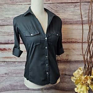 NEW JAMES PERSE BLACK CONTRAST PANEL 3/4 ROLL-UP TAB SLEEVE BUTTON-UP SHIRT